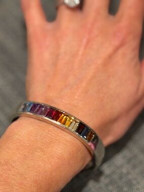 QVC Multicolor Baguette Crystal 925 Stamp Silver Bangle Bracelet NWOT 🌈